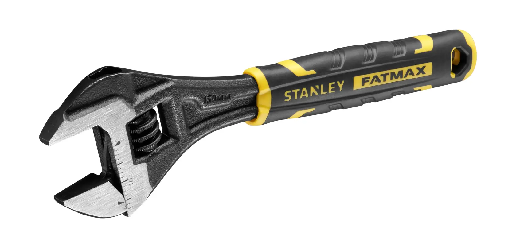 Stanley Fatmax verstellbarer Schraubenschlüssel mit schwarz-gelbem Griff auf weißem Hintergrund.