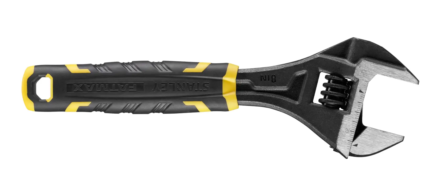 Stanley verstellbarer Schraubenschlüssel mit schwarz-gelbem Griff und Metallbacken zum Schrauben.