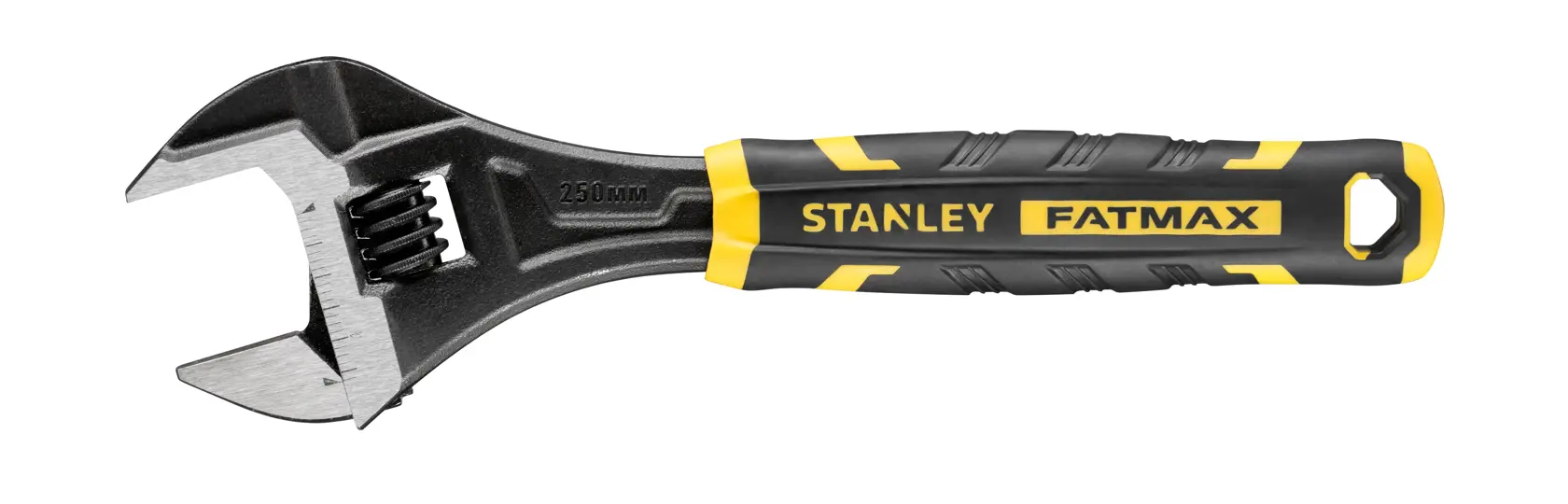 Stanley Fatmax verstellbarer Schraubenschlüssel mit schwarzem und gelbem Griff und Metallbacken.