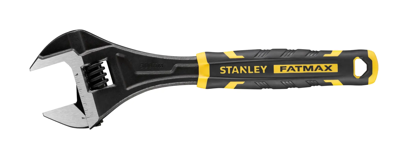 Stanley Fatmax verstellbarer Schraubenschlüssel FMHT13128-0, schwarz-gelber Griff, Seitenansicht, weißer Hintergrund.