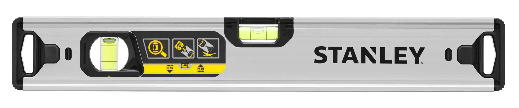 Frontansicht Foto von STANLEY FMHT43670-1 Aluminium-Wasserwaage mit drei Libellen, silbernem Gehäuse und schwarzen Endkappen.