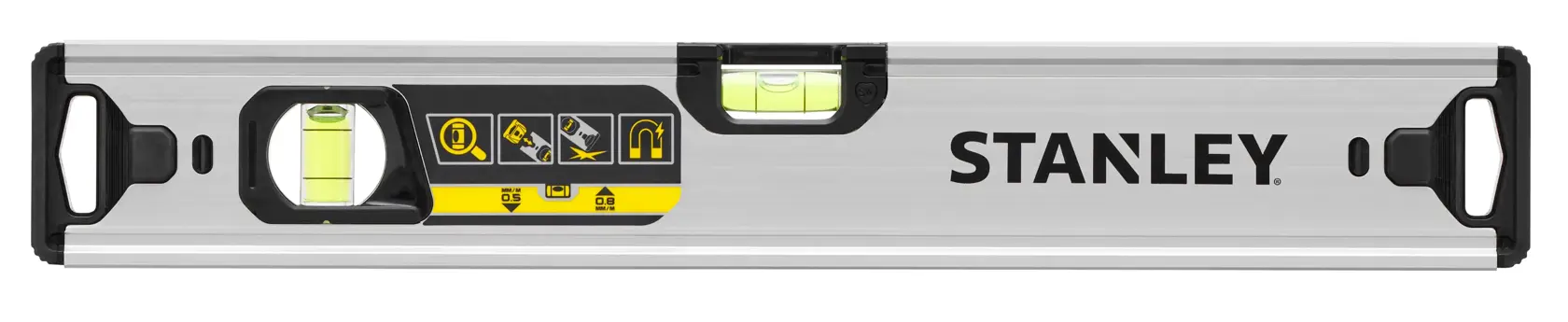 STANLEY FMHT43671-1 Wasserwaage mit Aluminiumgehäuse, drei Libellen und schwarzen Endkappen, Vorderansicht auf weißem Hintergrund.