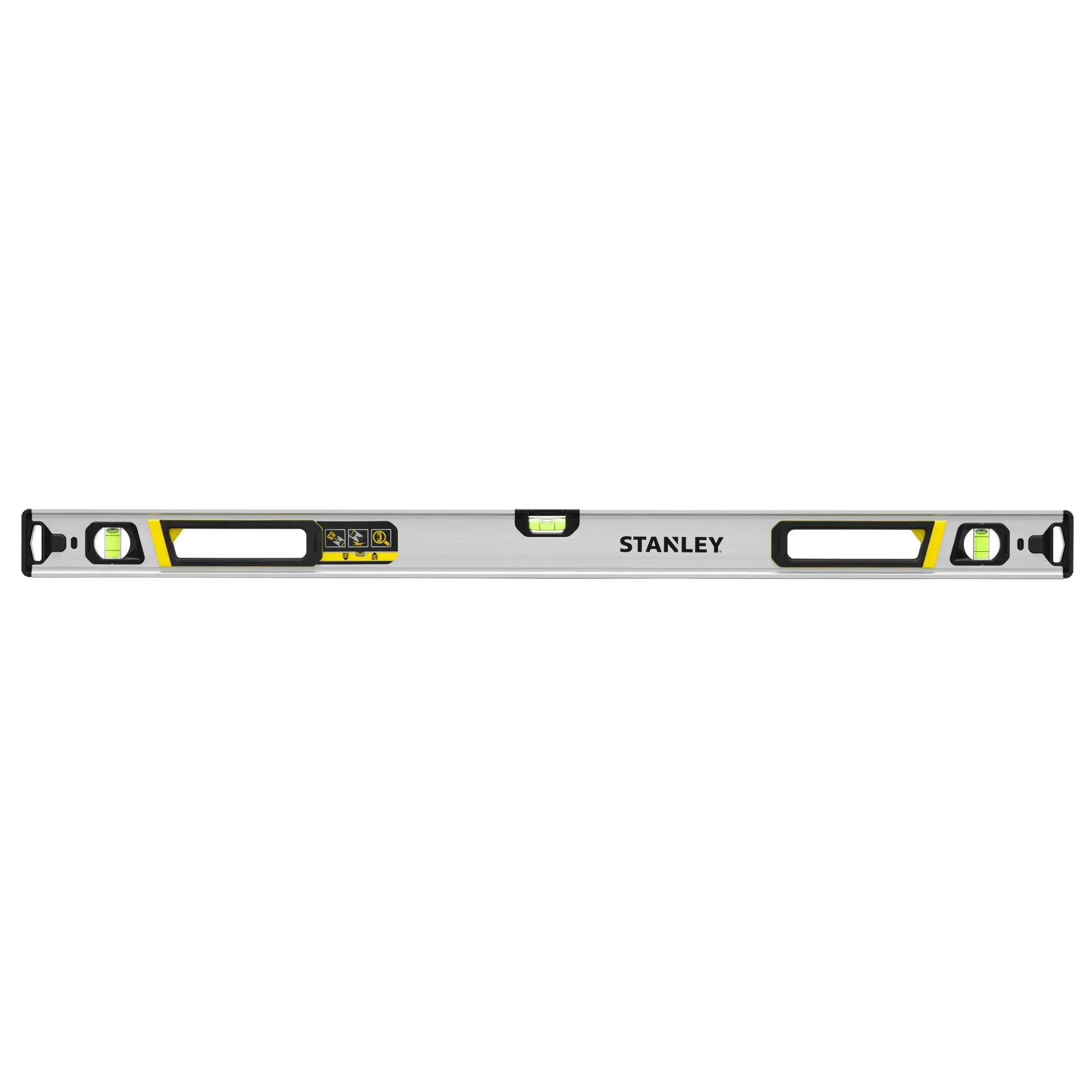 STANLEY FMHT43674-1 Aluminium Wasserwaage, Vorderansicht, mit drei Libellen und gelb-schwarzen Akzenten.