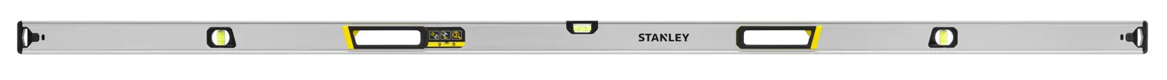 Foto des STANLEY FMHT43680-1 Boxbeam-Wasserwaage, silber mit schwarzen und gelben Akzenten, Frontansicht auf weißem Hintergrund.