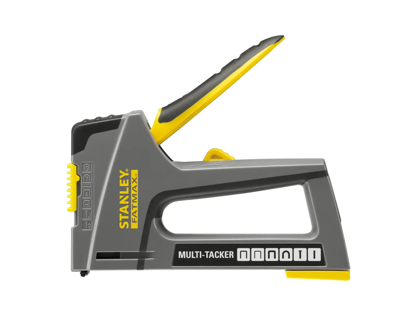STANLEY FMHT6-70868 Handtacker, grau und gelb, Seitenansicht auf weißem Hintergrund.