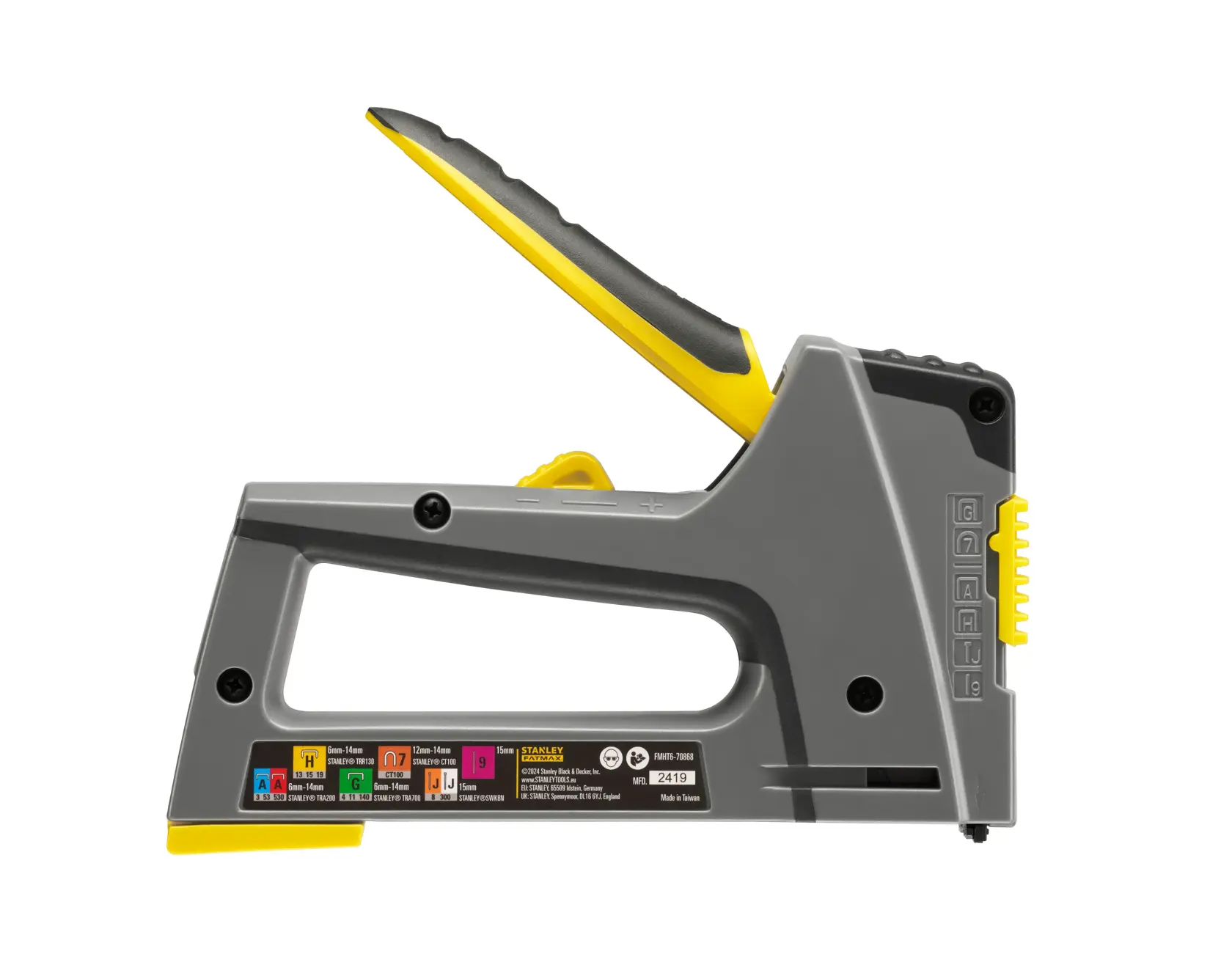 STANLEY FMHT6-70868 manueller Tacker, grau und gelb, Produktseitenansicht auf weißem Hintergrund.