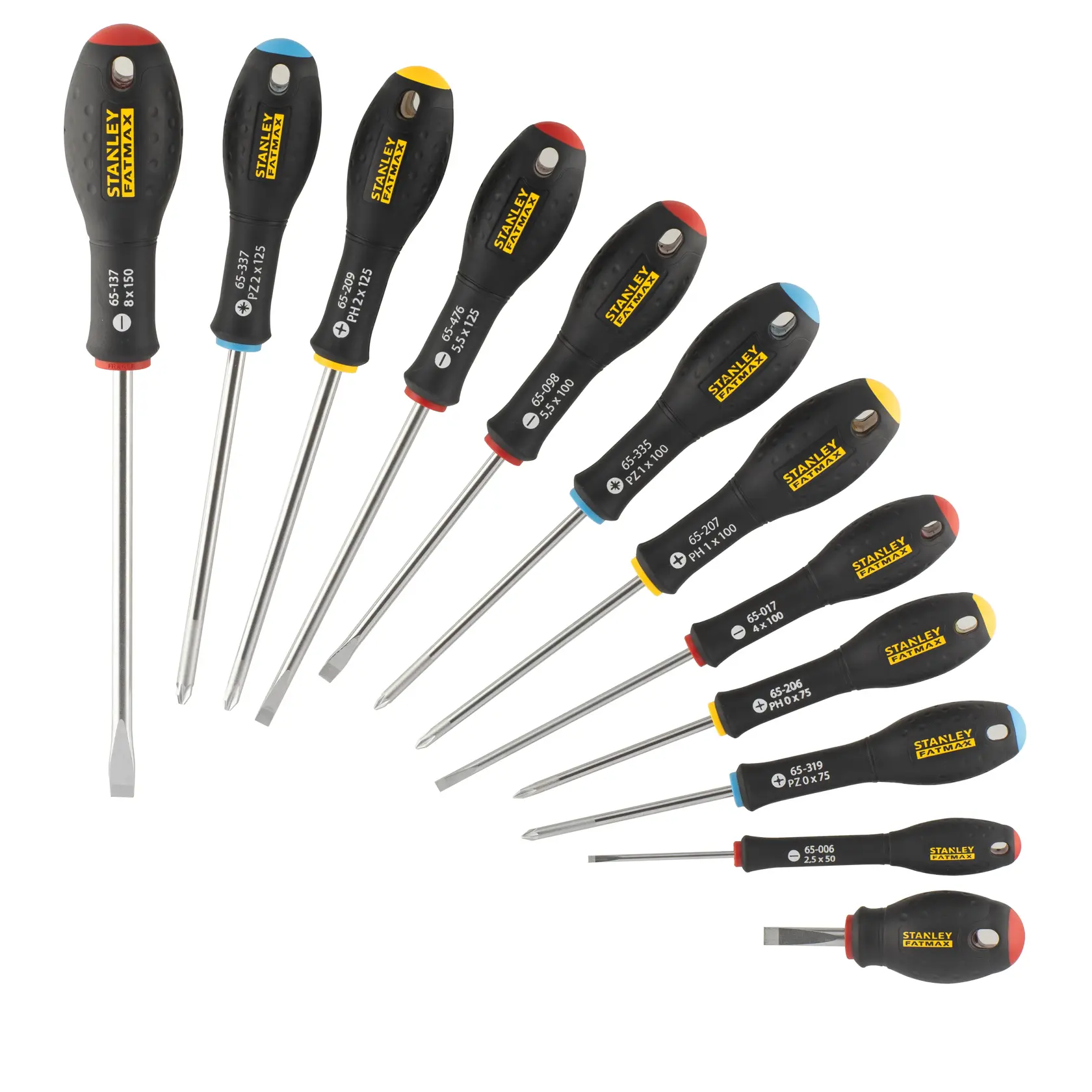 Stanley FatMax Schraubendreher-Set mit 12 Sorten, schwarze Griffe mit Farbcodierung.