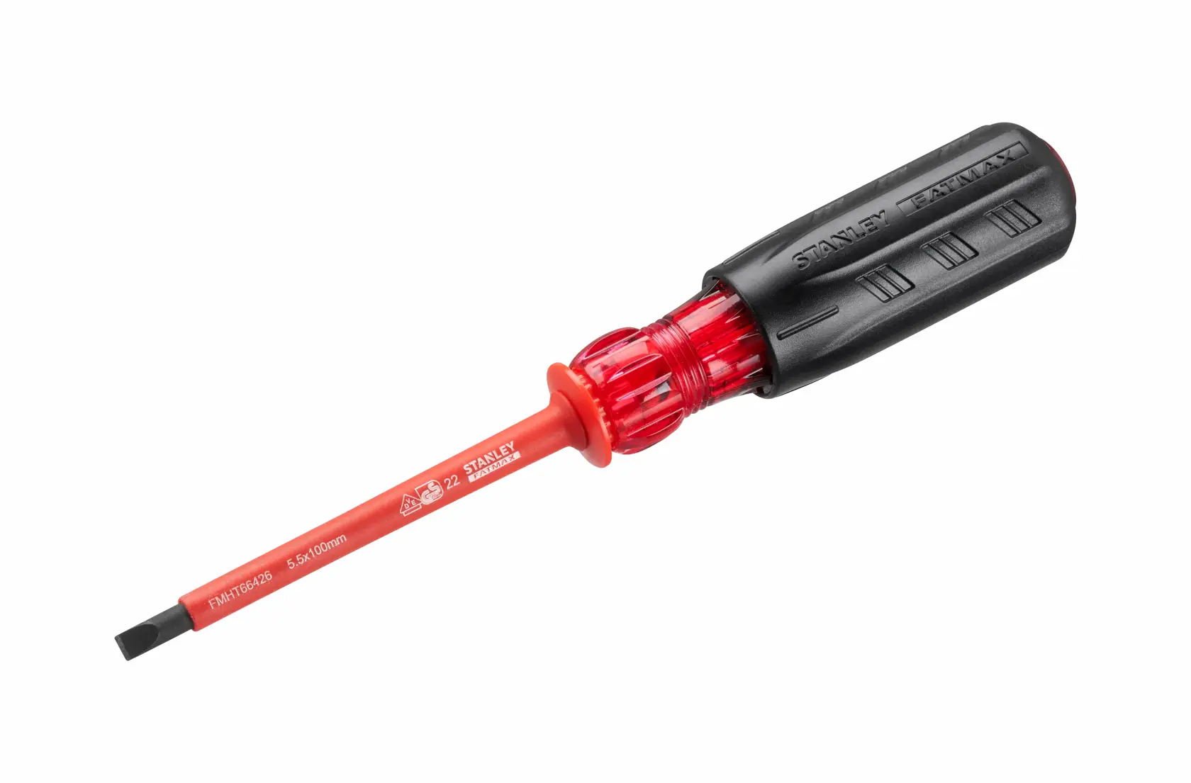 STANLEY FMHT66426-0 isolierter Schlitzschraubendreher mit schwarz-rotem Griff, Produkt auf weißem Hintergrund.