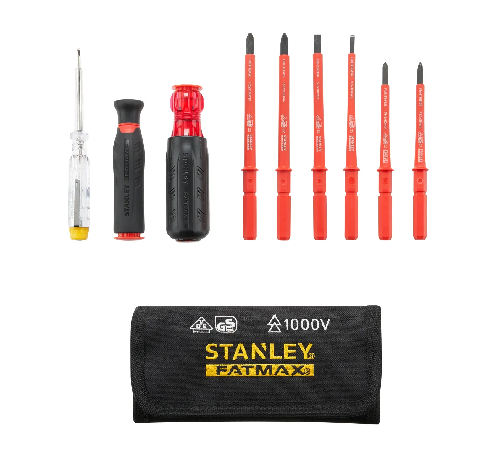 STANLEY FMHT66426-0 isolierter Schraubendrehersatz mit schwarzer Nylontasche, von vorne auf weißem Hintergrund fotografiert.