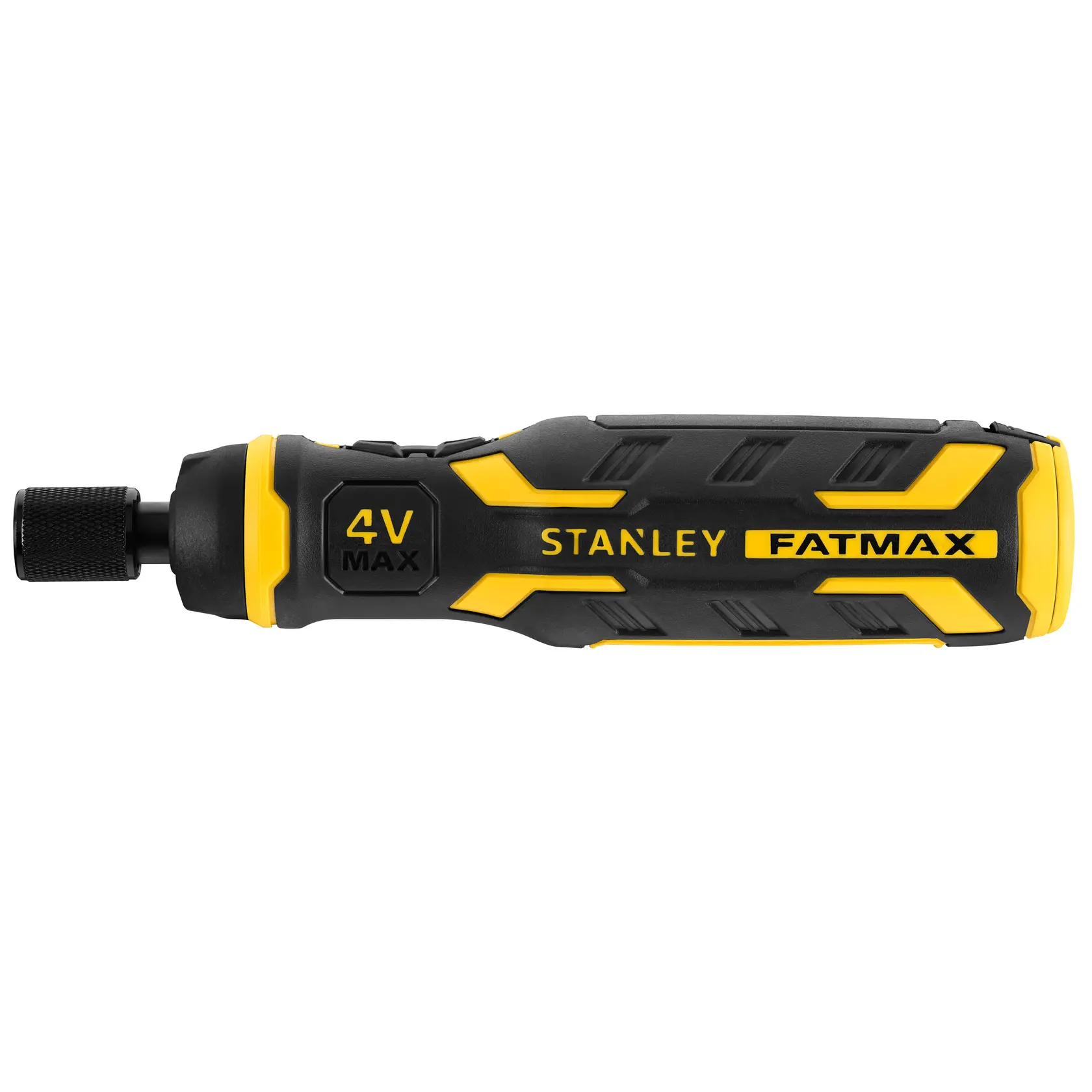 STANLEY FMHT66719-0 schwarz-gelber Akkuschrauber, Seitenansicht, FATMAX und 4V Max Aufschrift sichtbar.