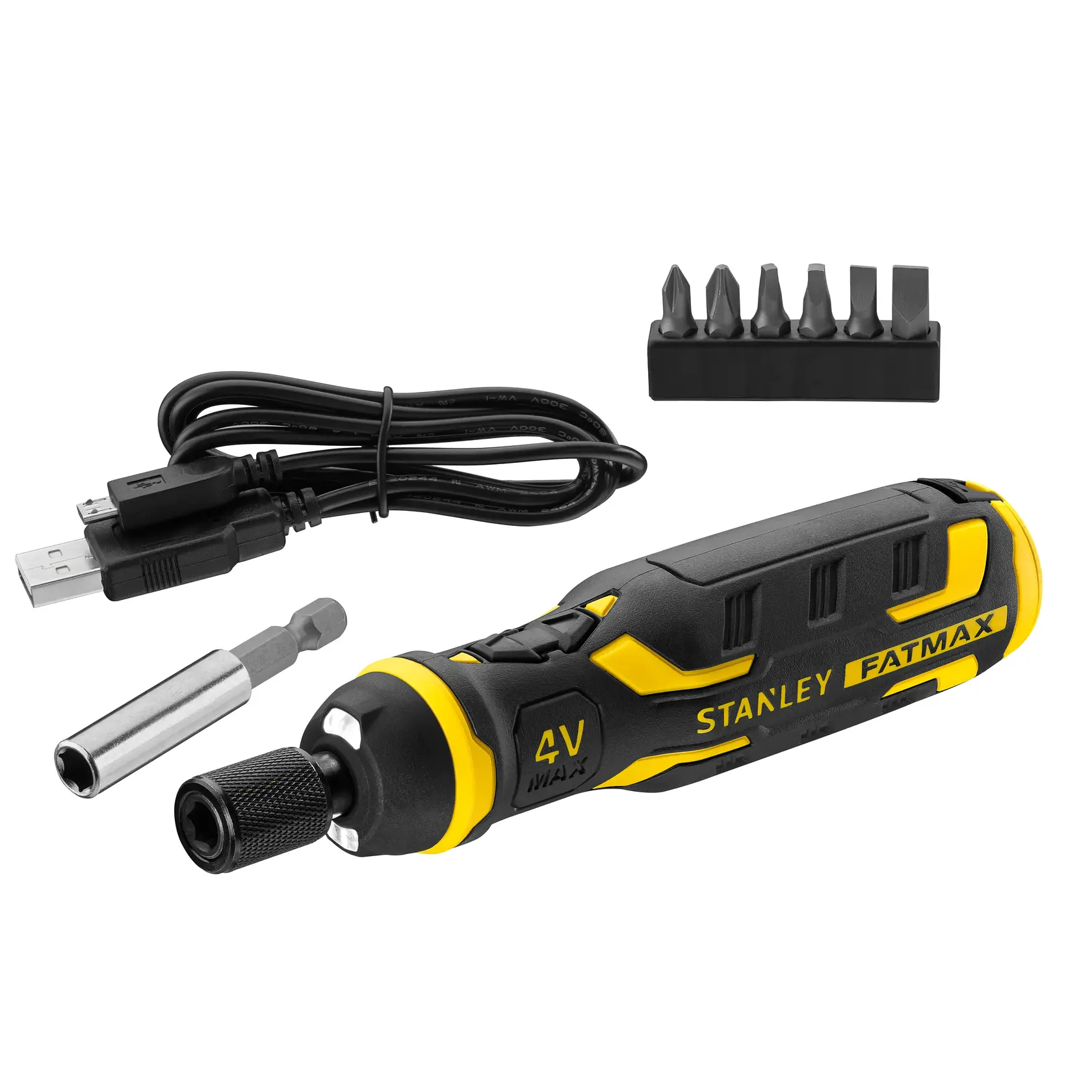 Stanley FMHT66719-0 Elektro-Schraubendreher-Set mit Bits, Ladegerät, USB-Kabel, Seitenansicht weiß.