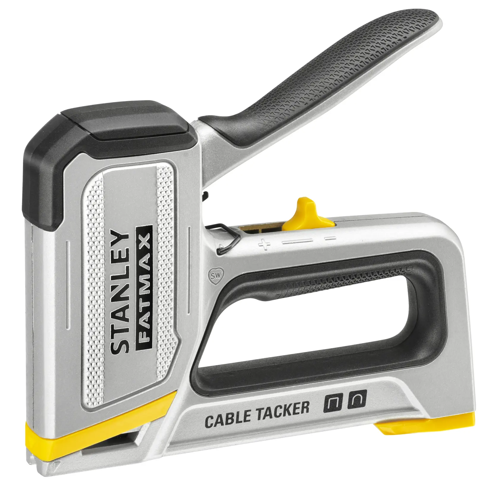 STANLEY FMHT70100-0 Kabeltacker, silber und schwarz, schräge Seitenansicht vor weißem Hintergrund.