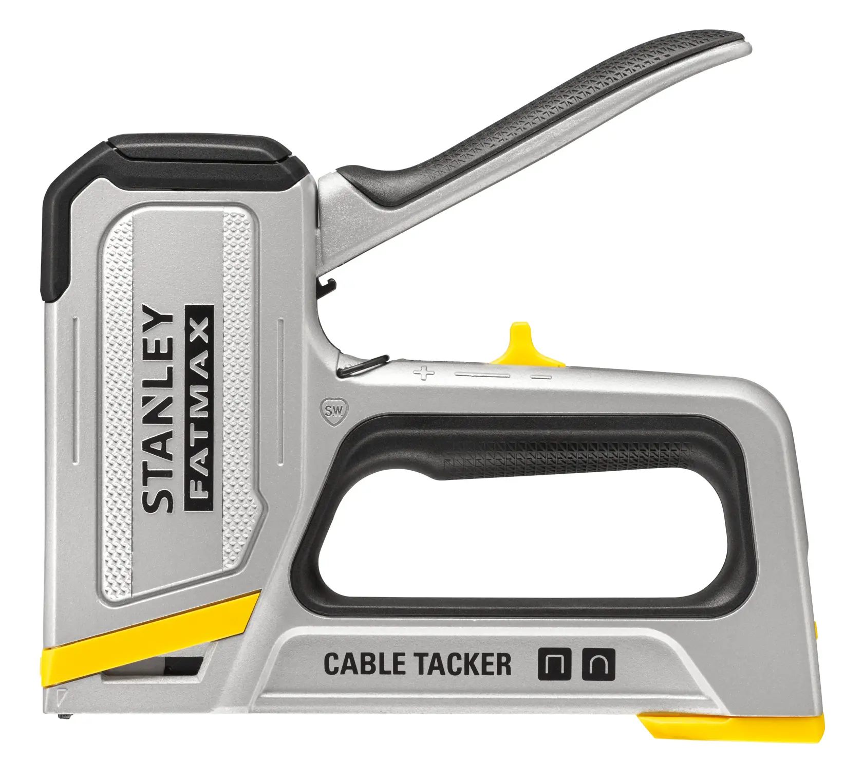 STANLEY FMHT70100-0 Kabeltacker in Silber und Schwarz, Seitenansicht, ergonomischer Griff, FATMAX-Logo.
