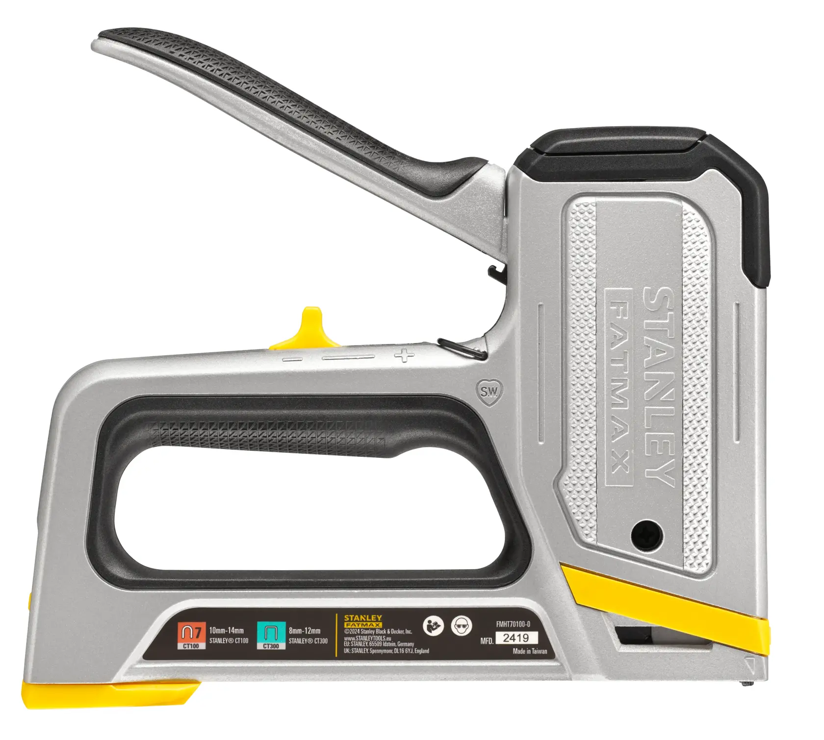 STANLEY FMHT70100-0 Handtacker, schwere Ausführung, Seitenansicht, silber und schwarz mit gelben Akzenten.