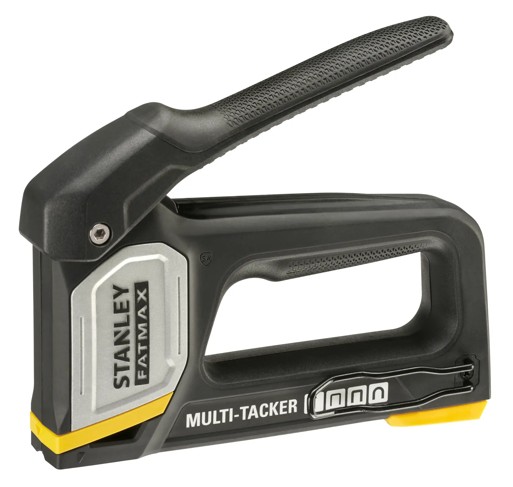 Foto des STANLEY FMHT70401-0 Multi-Tacker Tackers, schwarz und silber, Seitenansicht, ergonomischer Griff.