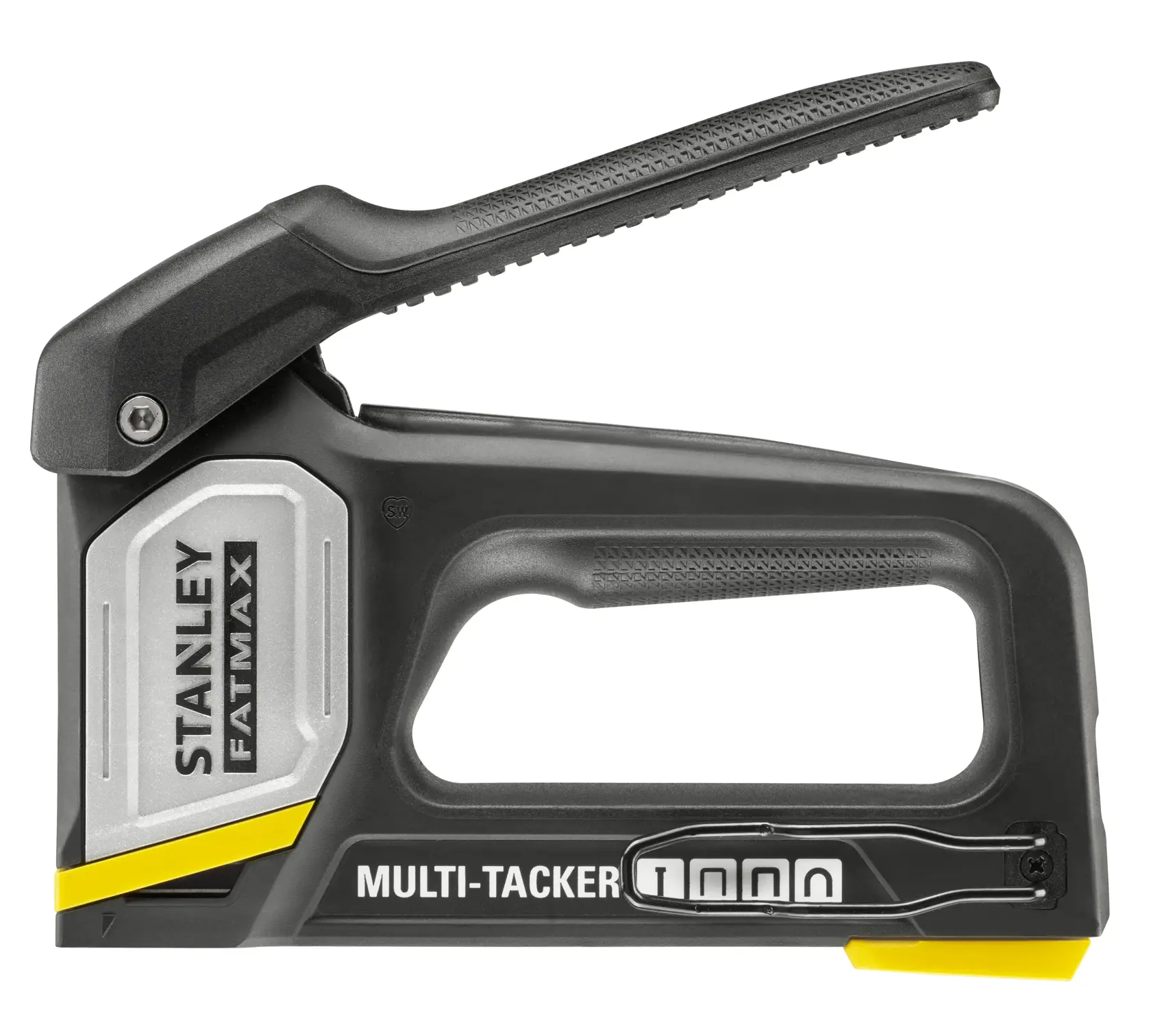 STANLEY FMHT70401-0 Handtacker, schwarz und silber, linke Seitenansicht, mit FATMAX und MULTI-TACKER Beschriftung.