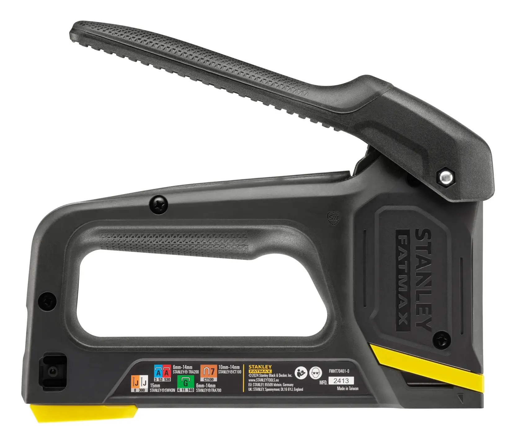 STANLEY FMHT70401-0 Profi-Tacker, schwarz-gelb, Seitenansicht auf weißem Hintergrund.