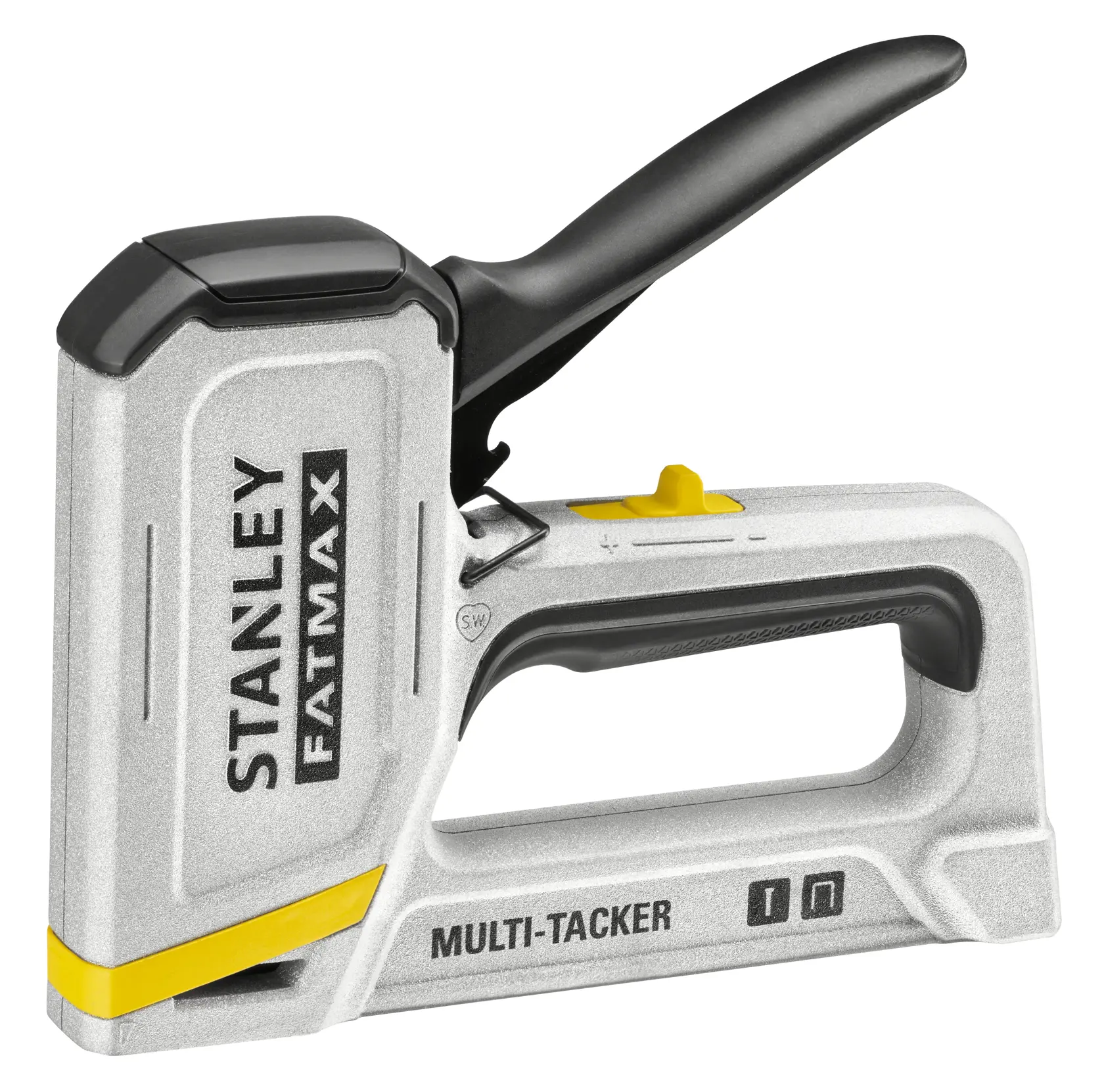 STANLEY FMHT70443-0 manueller Multi-Tacker, silber und schwarz, Seitenansicht auf weißem Hintergrund.