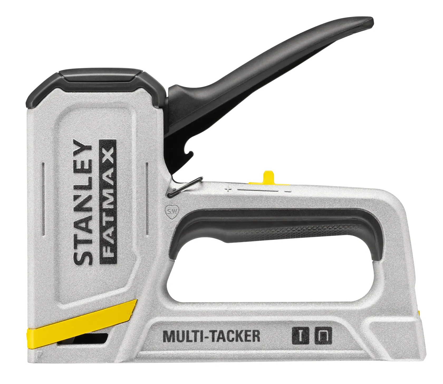 STANLEY FMHT70443-0 manueller Multi-Tacker Seitenansicht, silber-schwarz mit gelben Akzenten, mit FATMAX-Aufdruck.
