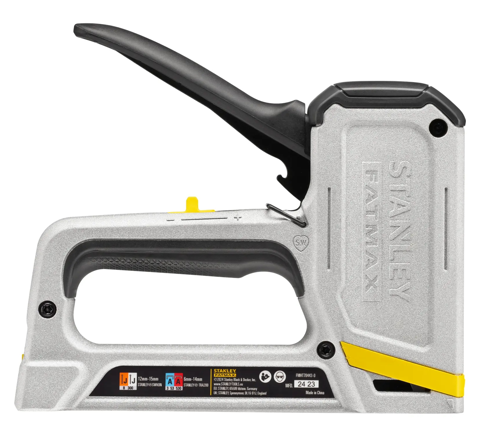 Foto des STANLEY FMHT70443-0 Tacker, silber und schwarz, Seitenansicht, mit STANLEY FATMAX Branding.