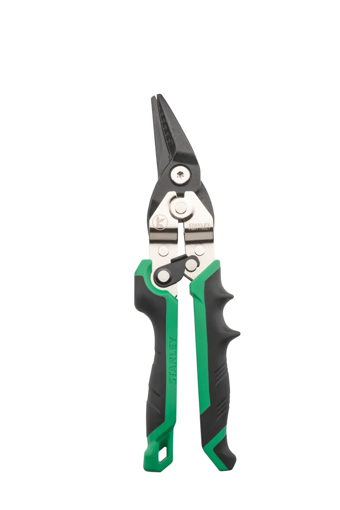 Stanley grün-schwarze Blechschere mit ergonomischen Griffen und Metallklingen auf weißem Hintergrund.