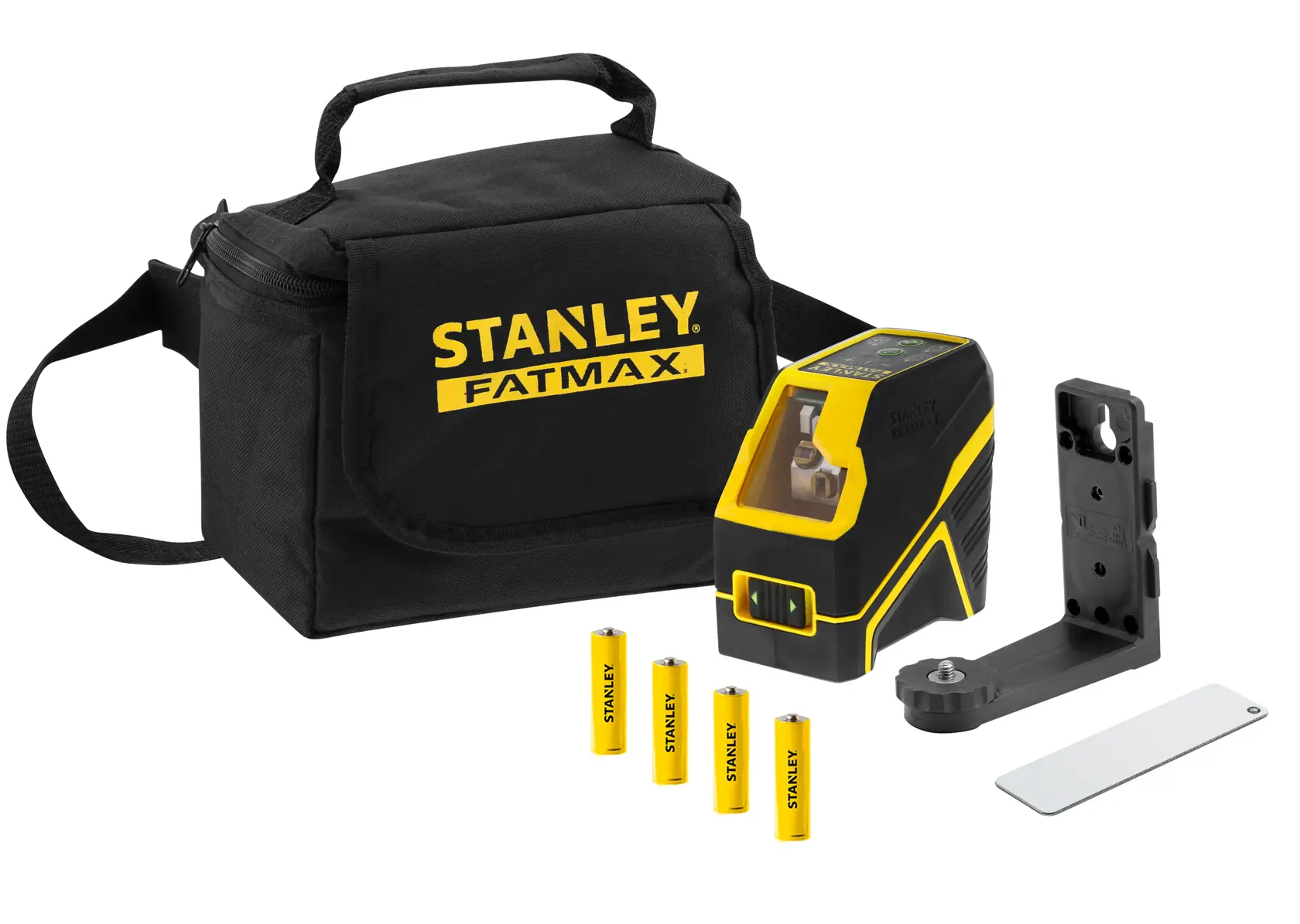 Stanley Fatmax Laser-Set mit Transporttasche, Batterien, Halterung und Werkzeug für präzise Messungen.