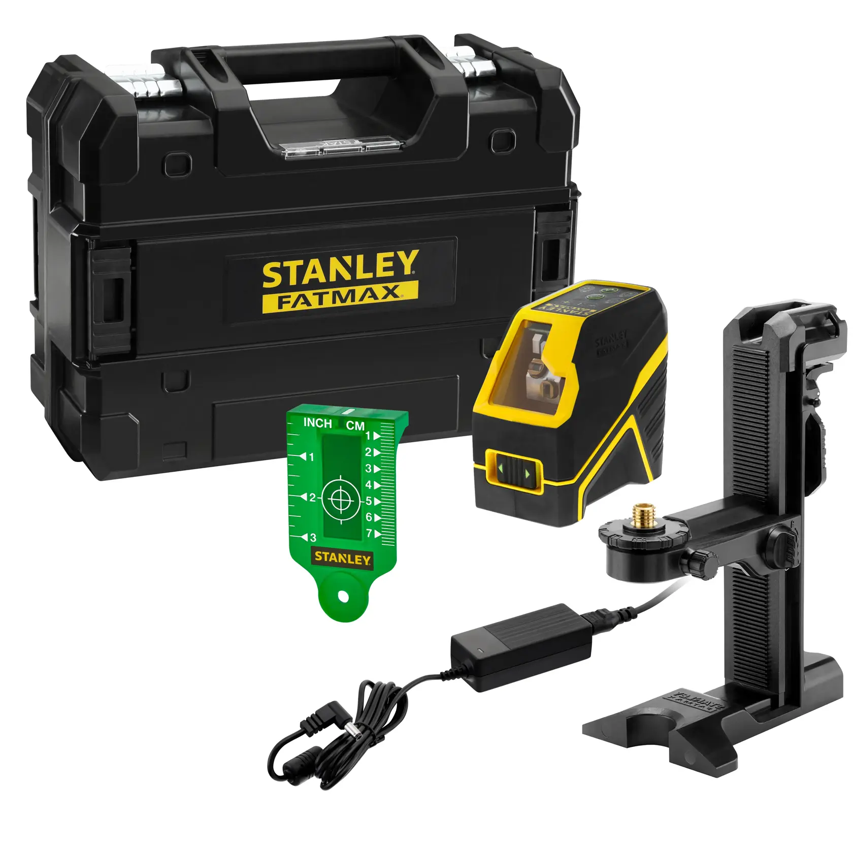 Stanley Fatmax Laser-Niveau Set mit Koffer, Halterung, Ladegerät und grünem Messziel.