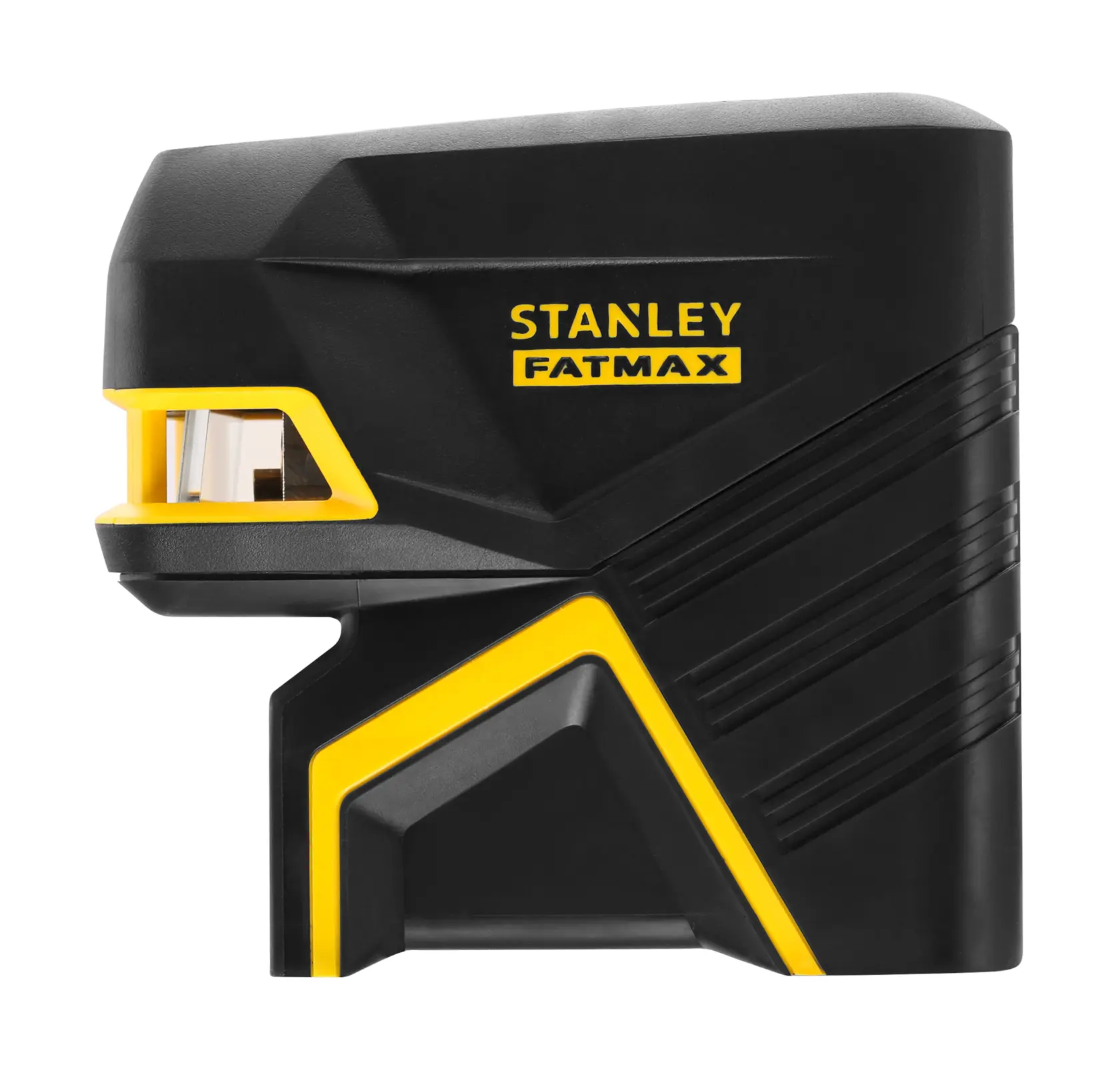STANLEY FATMAX Lasergerät in Schwarz und Gelb, Seitenansicht auf weißem Hintergrund.