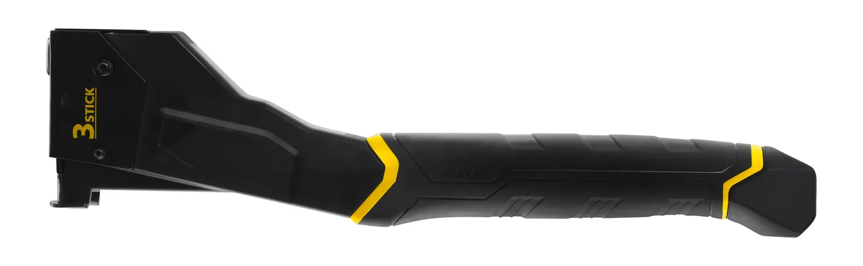 STANLEY FMHT81394-9 robuster Tacker Seitenansicht, schwarzes Gehäuse mit gelben Akzenten, ergonomischer Griff.