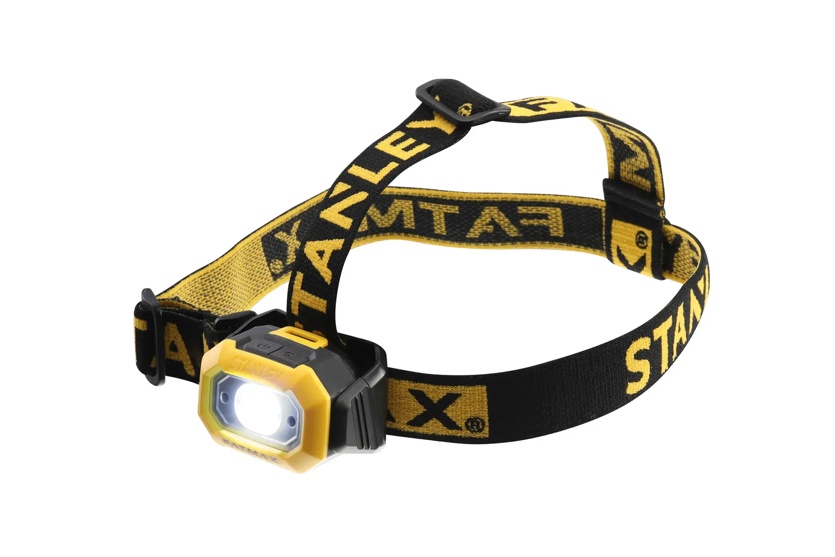 STANLEY FMHT81509-0 gelb-schwarze Stirnlampe mit verstellbarem Band, Frontansicht auf weißem Hintergrund.