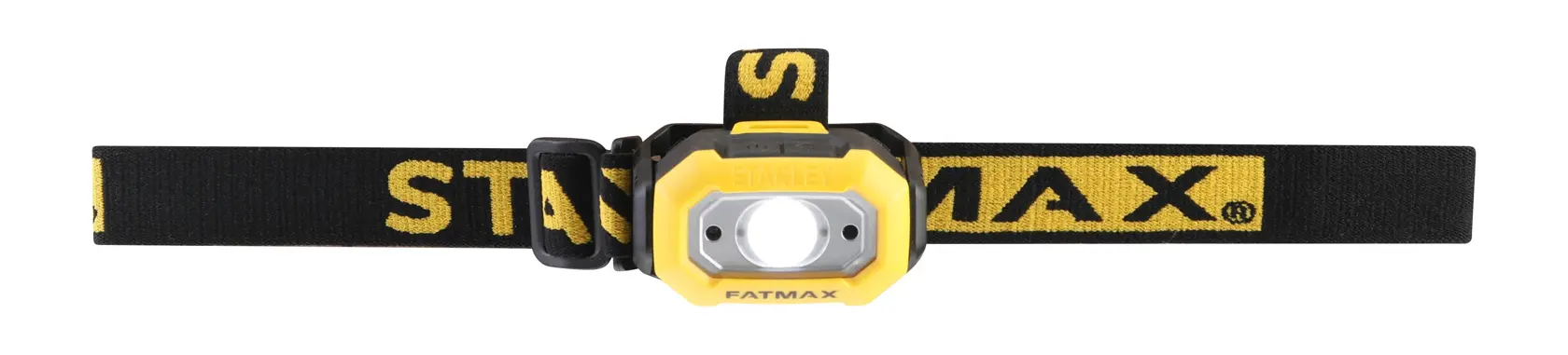 STANLEY FMHT81509-0 gelb-schwarze Stirnlampe mit verstellbarem Elastikband, Frontansicht auf weißem Hintergrund.