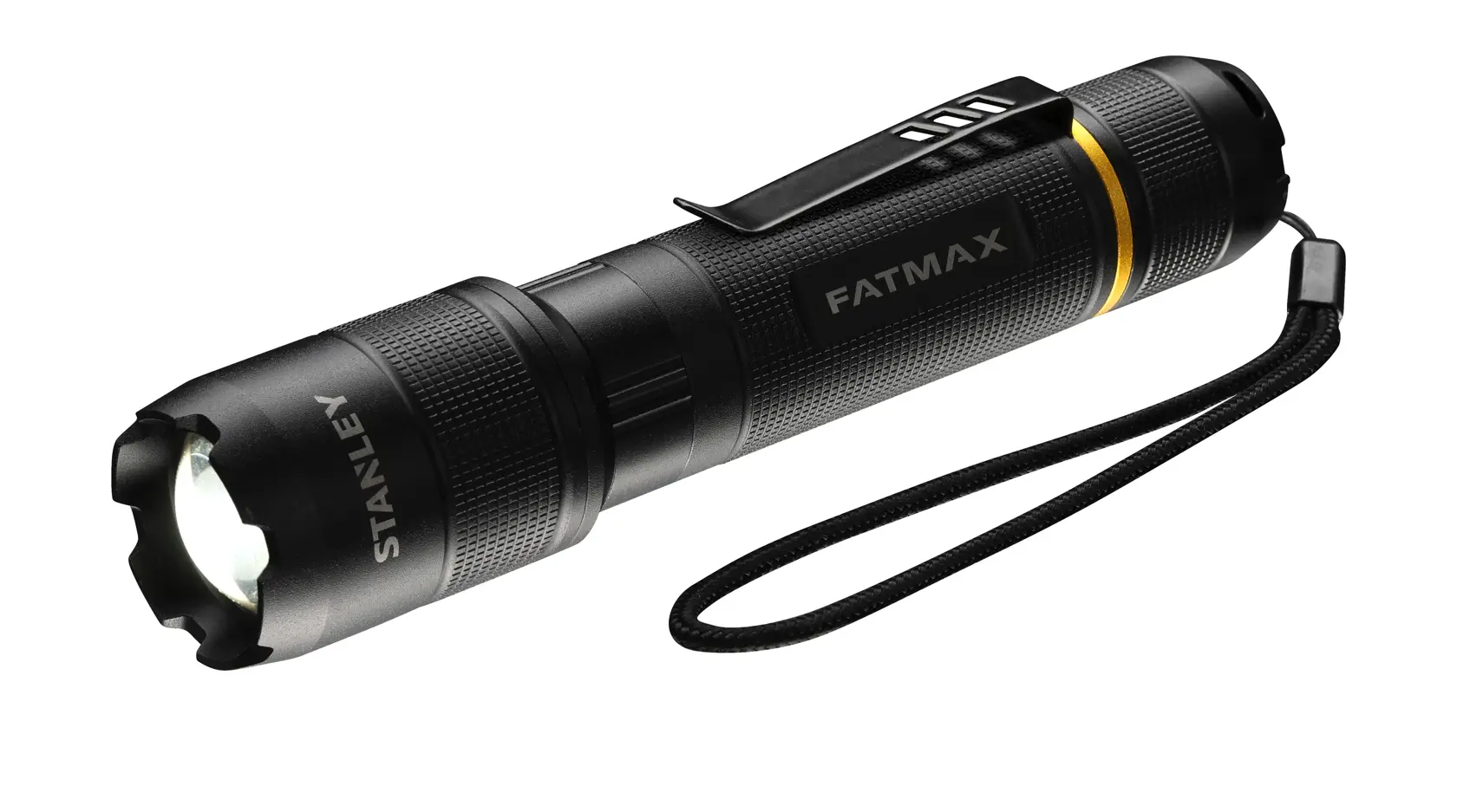 STANLEY FMHT81511-0 schwarze Taschenlampe mit Clip, Handschlaufe, gelbem Akzent, Seitenansicht auf weißem Hintergrund.