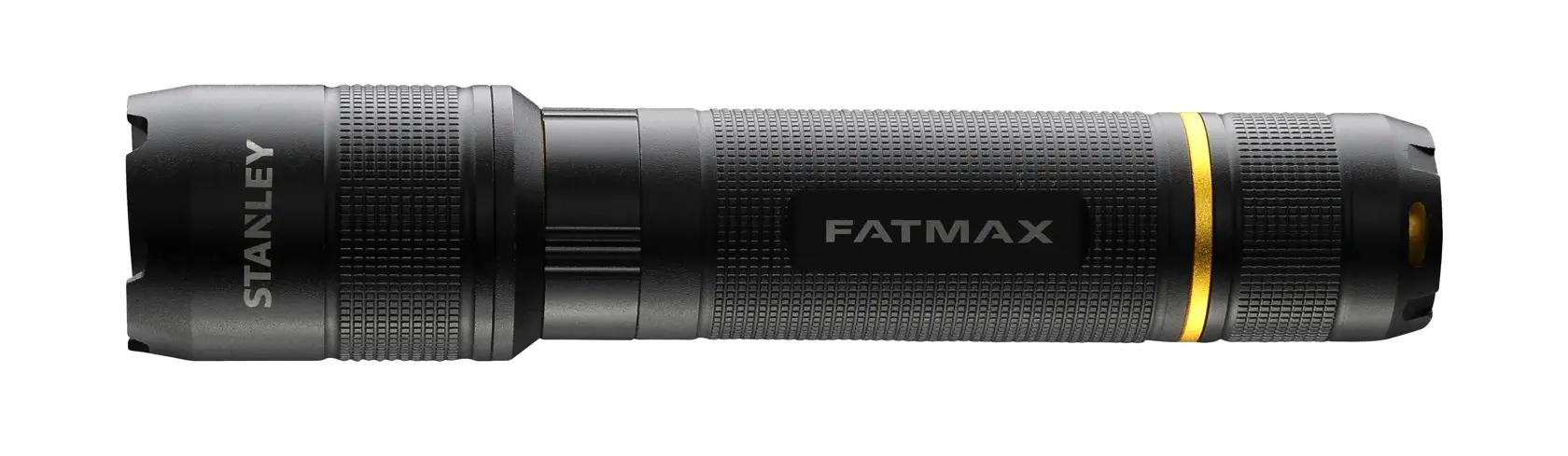 STANLEY FMHT81511-0 schwarze Taschenlampe mit gelbem Ring, Seitenansicht auf weißem Hintergrund.