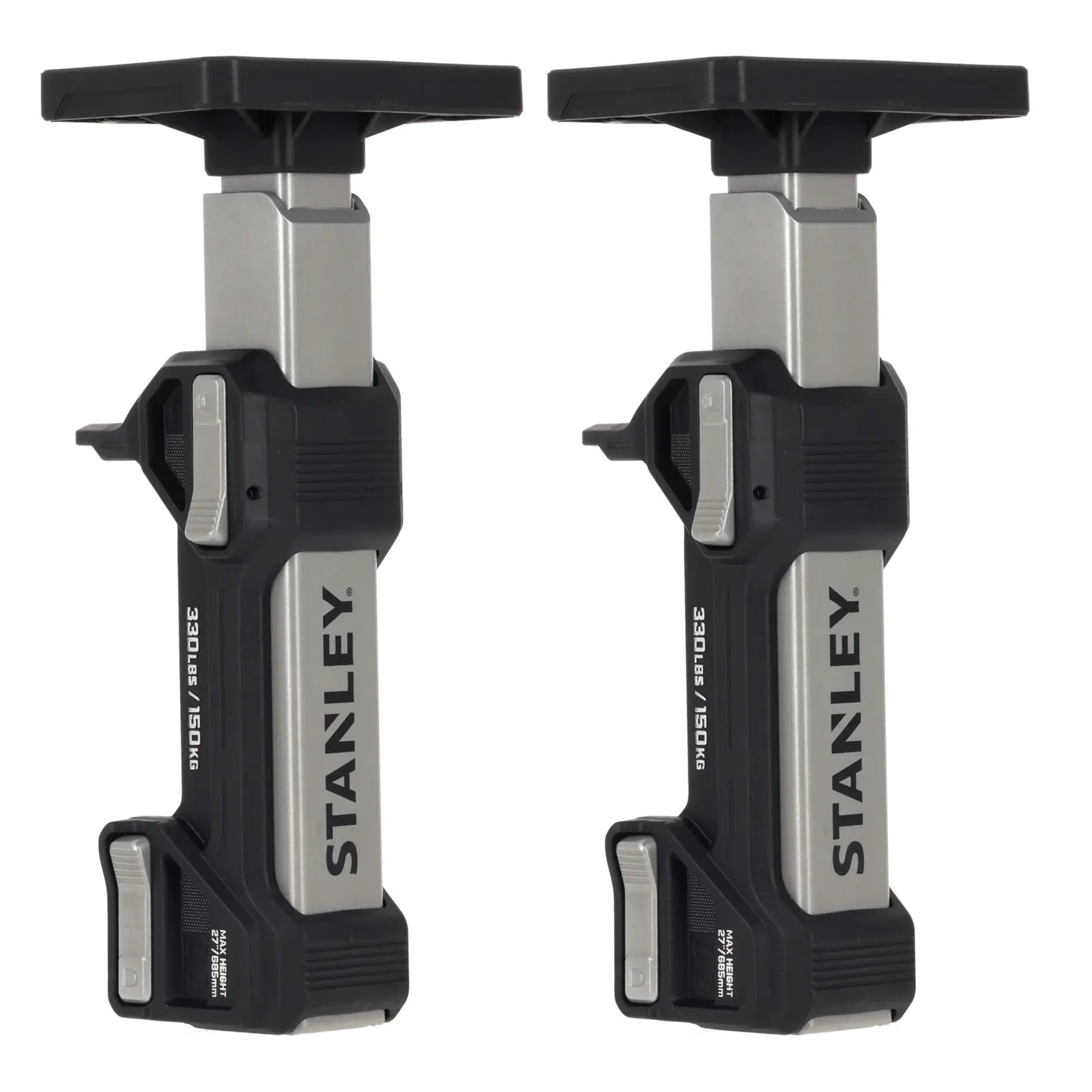 STANLEY FMHT83556 Paar verstellbare Stützstangen, schwarz und silber, Seitenansicht des Produkts auf weißem Hintergrund.