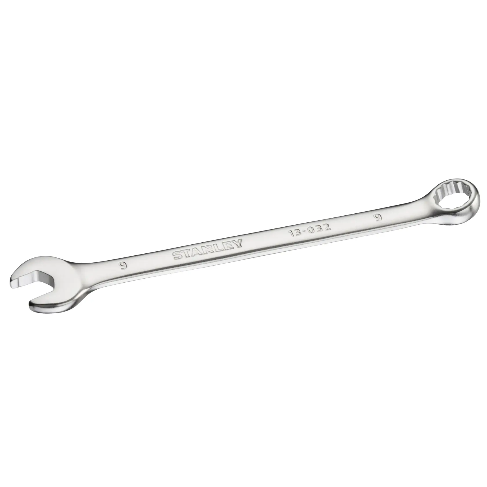 STANLEY FMMT13032-0 Kombinationsschlüssel, silber, aus Winkel auf weißem Hintergrund fotografiert.
