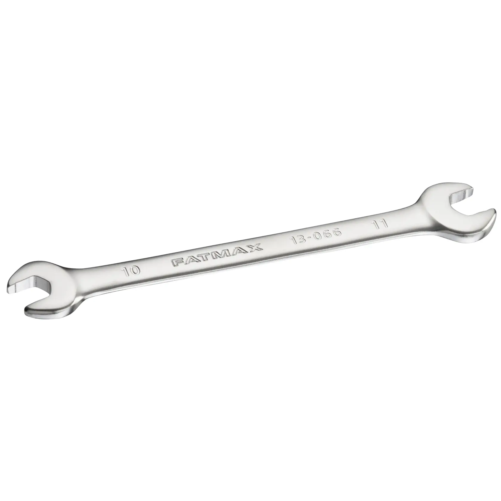 STANLEY FMMT13066-0 Doppelmaulschlüssel, silber, FatMax, Größe 10-11mm, Seitenansicht, weißer Hintergrund.