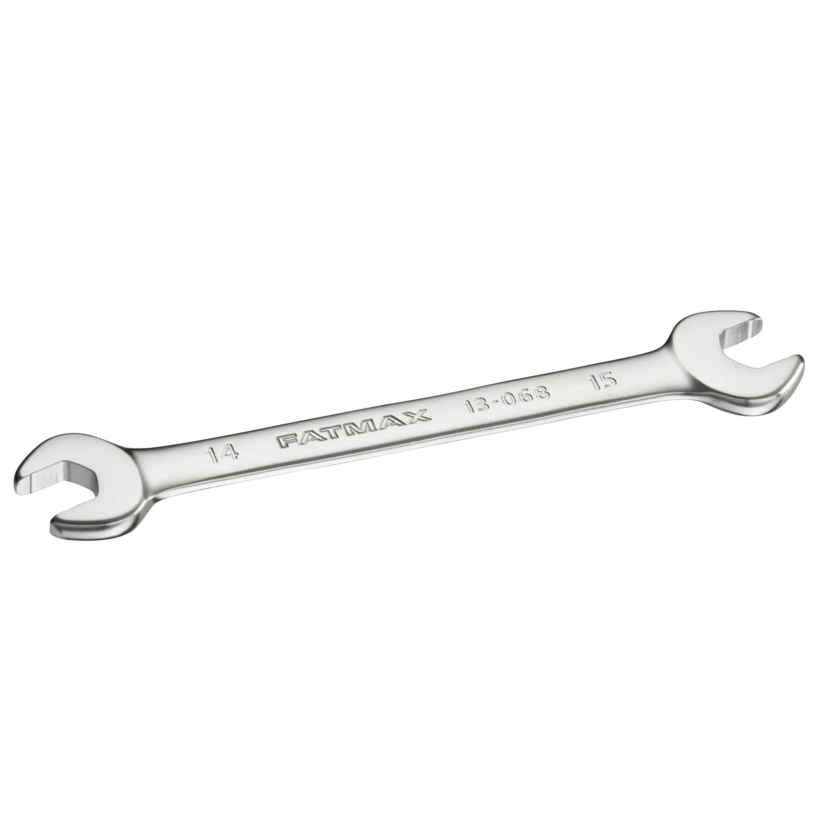 STANLEY FMMT13068-0 verchromter Doppelmaulschlüssel, schräge Seitenansicht, mit Größenmarkierungen.
