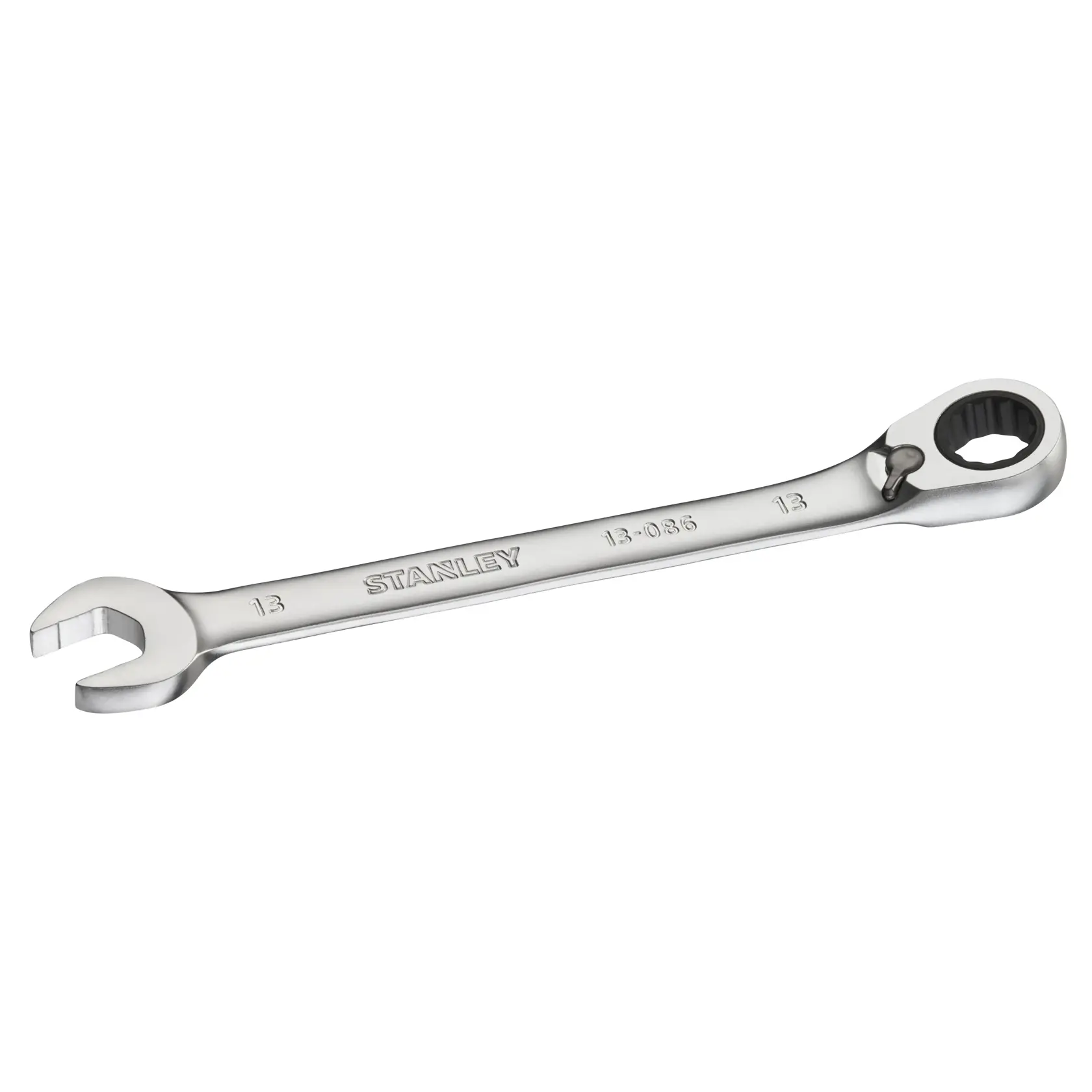 STANLEY FMMT13086-0 Ratschen-Kombinationsschlüssel silber, flache Seitenansicht, Handwerkzeug.