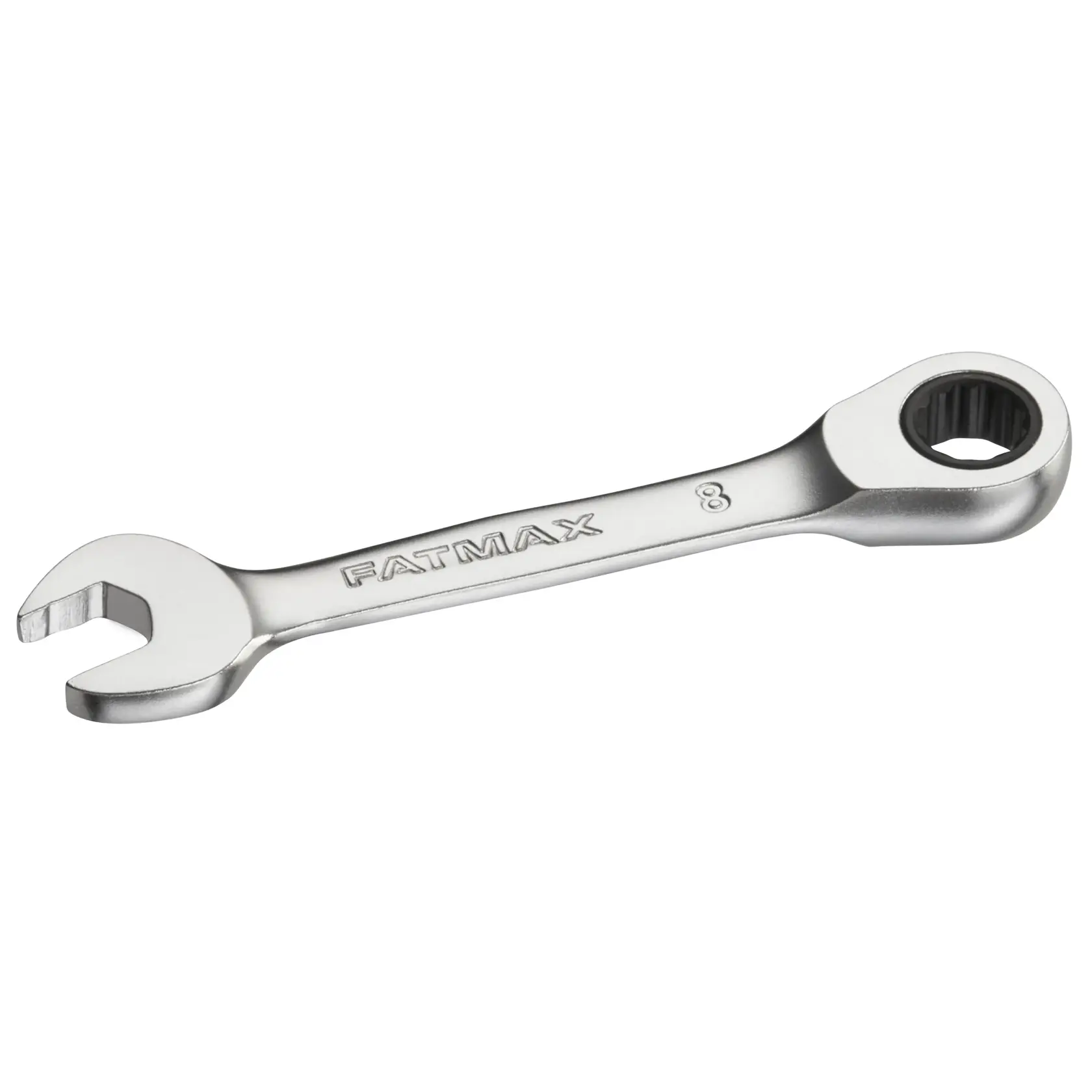 STANLEY FMMT13097-0 Ratschen-Ringmaulschlüssel, silber, linke Ansicht, offene Maulseite und Ratschenseite.