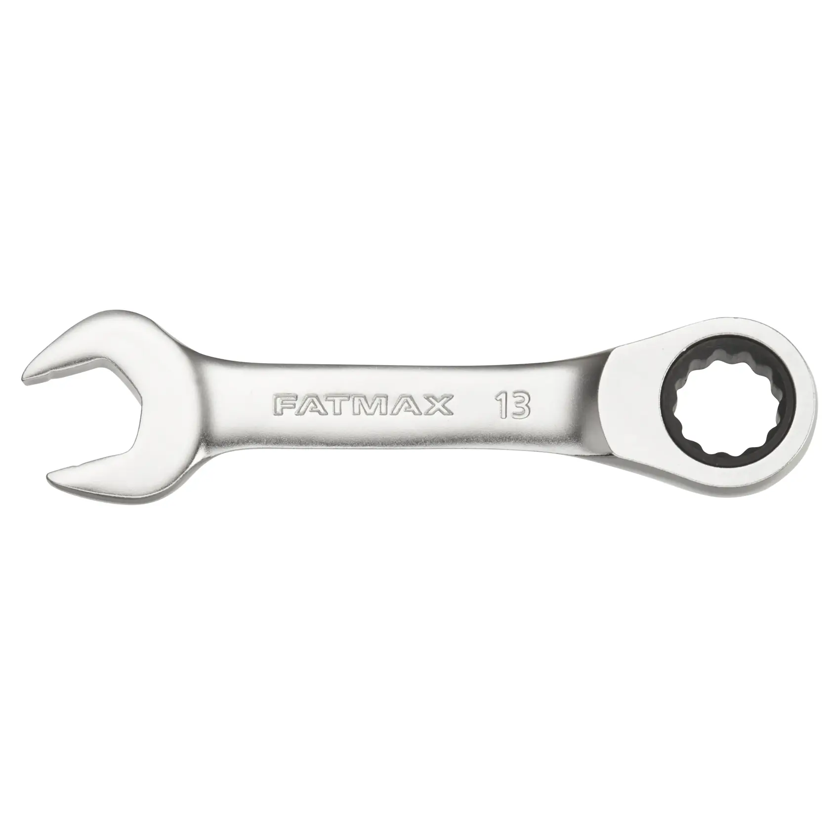 STANLEY FMMT13111-0 Ratschen-Ringmaulschlüssel, silbernes Handwerkzeug, Draufsicht, weißer Hintergrund.
