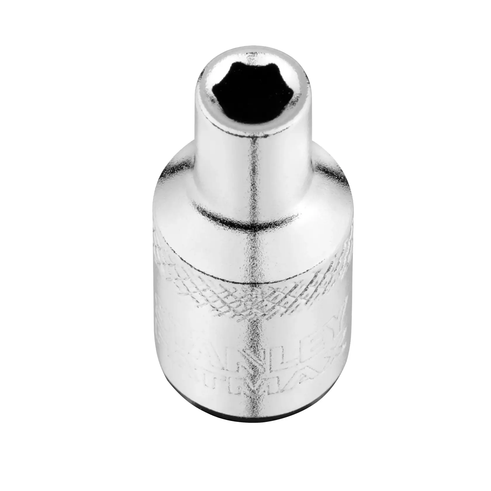 STANLEY FMMT17185-0 Chrom-Steckschlüsseleinsatz, seitlicher Winkel vor weißem Hintergrund.