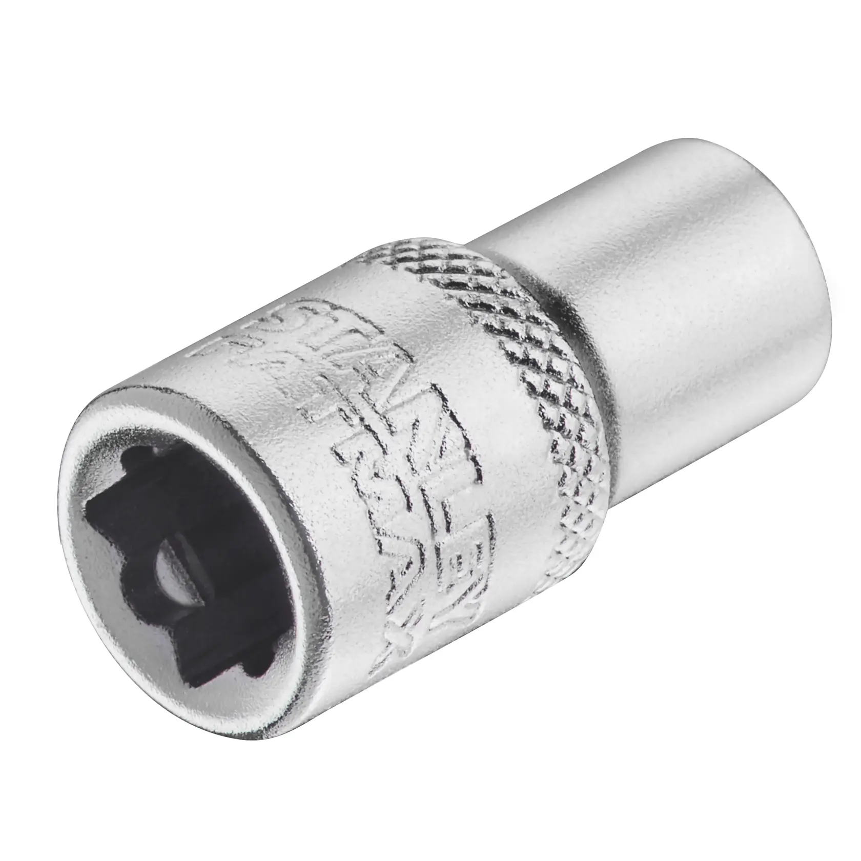 STANLEY FMMT17191-0 Stecknuss, silbernes Finish, Nahaufnahme, geränderte Griff und schwarze Innenschlitz.