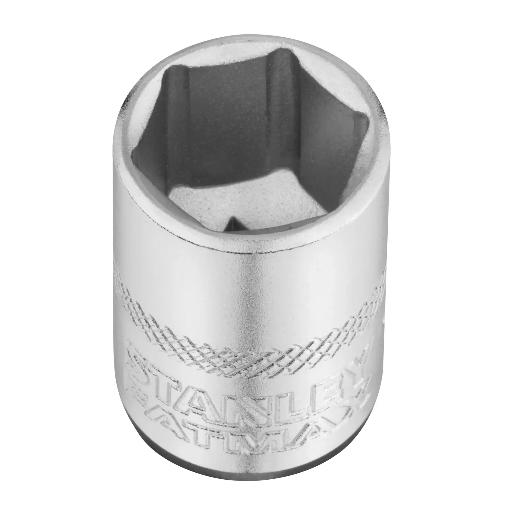 Foto von STANLEY Stecknuss, SKU FMMT17198-0, Chrom-Finish, aus Winkel auf weißem Hintergrund fotografiert.