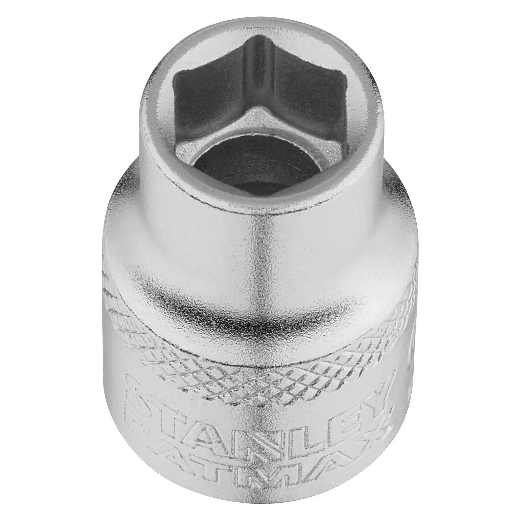 STANLEY Stecknuss, SKU FMMT17209-0, Chrom-Finish, Nahaufnahme in Winkelsicht auf weißem Hintergrund.