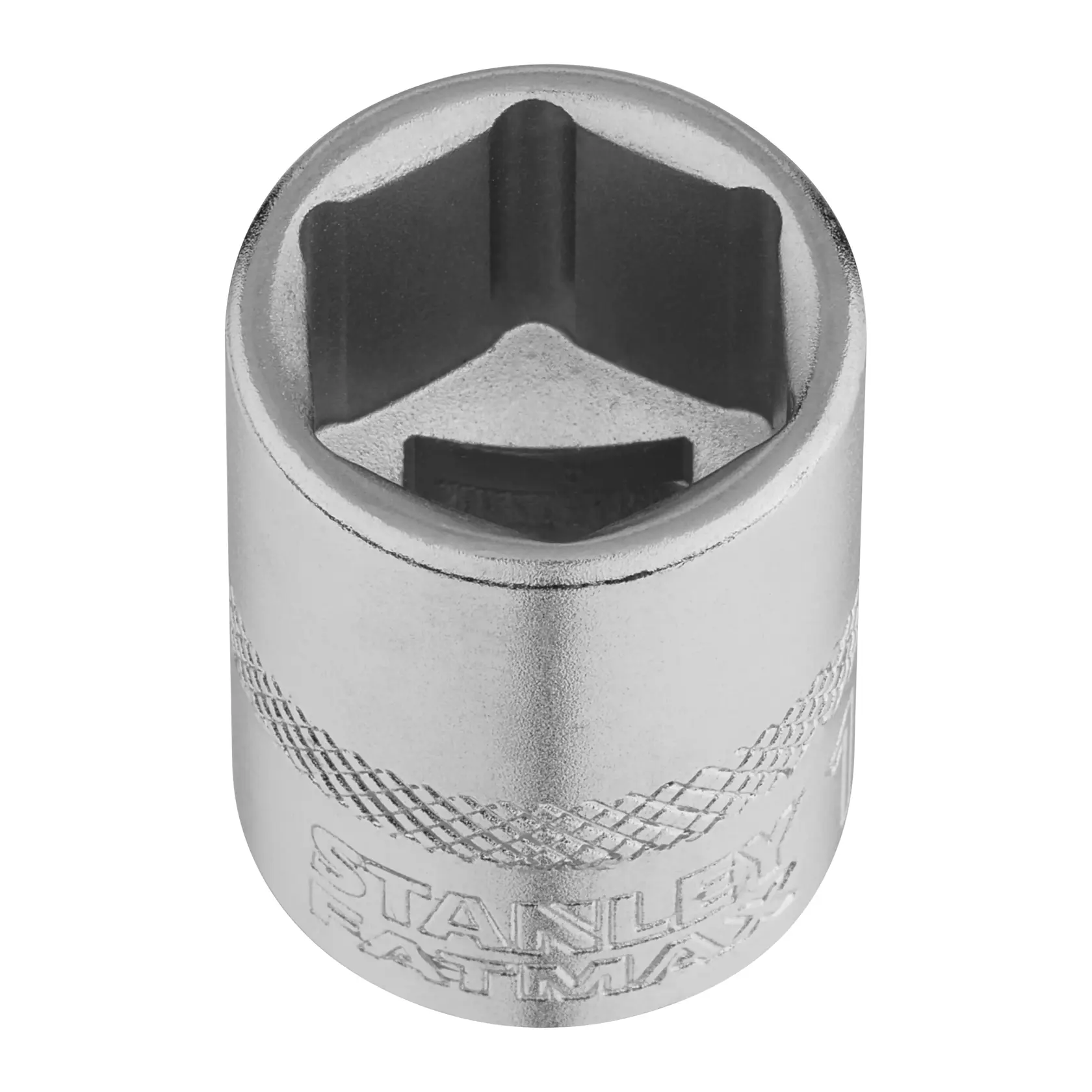 STANLEY FMMT17216-0 Chrom-Stecknuss, gerändelter Griff, Draufsicht, weißer Hintergrund, Handwerkzeug-Zubehör.