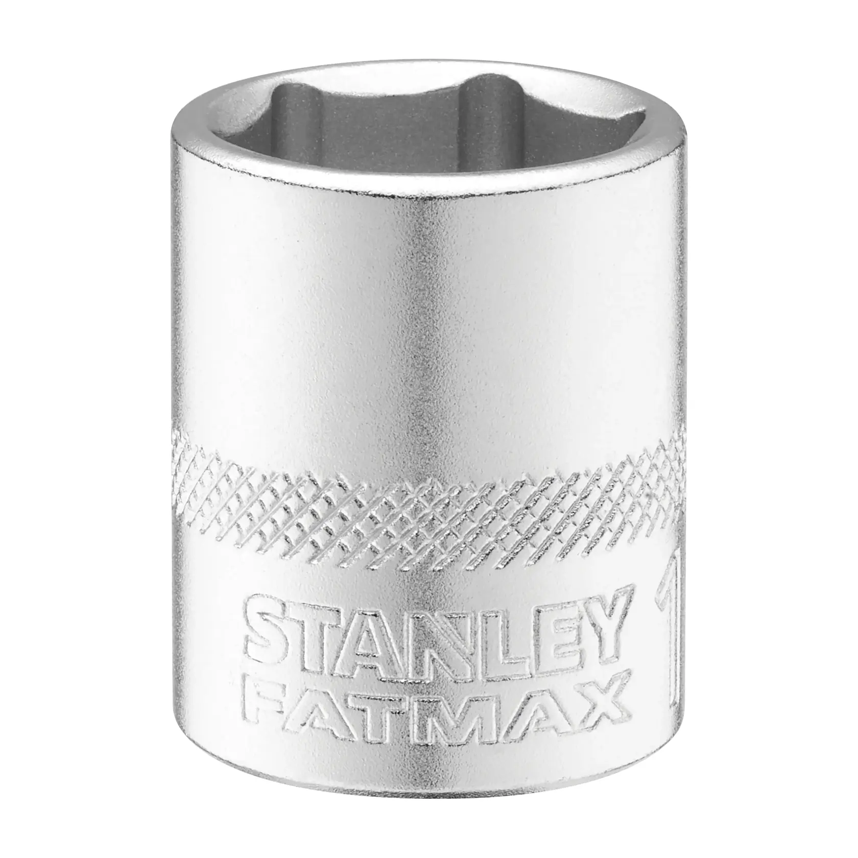 STANLEY FMMT17217-0 verchromte Stecknuss, geprägtes Logo, direkter Winkel, Fotografie auf weißem Hintergrund.