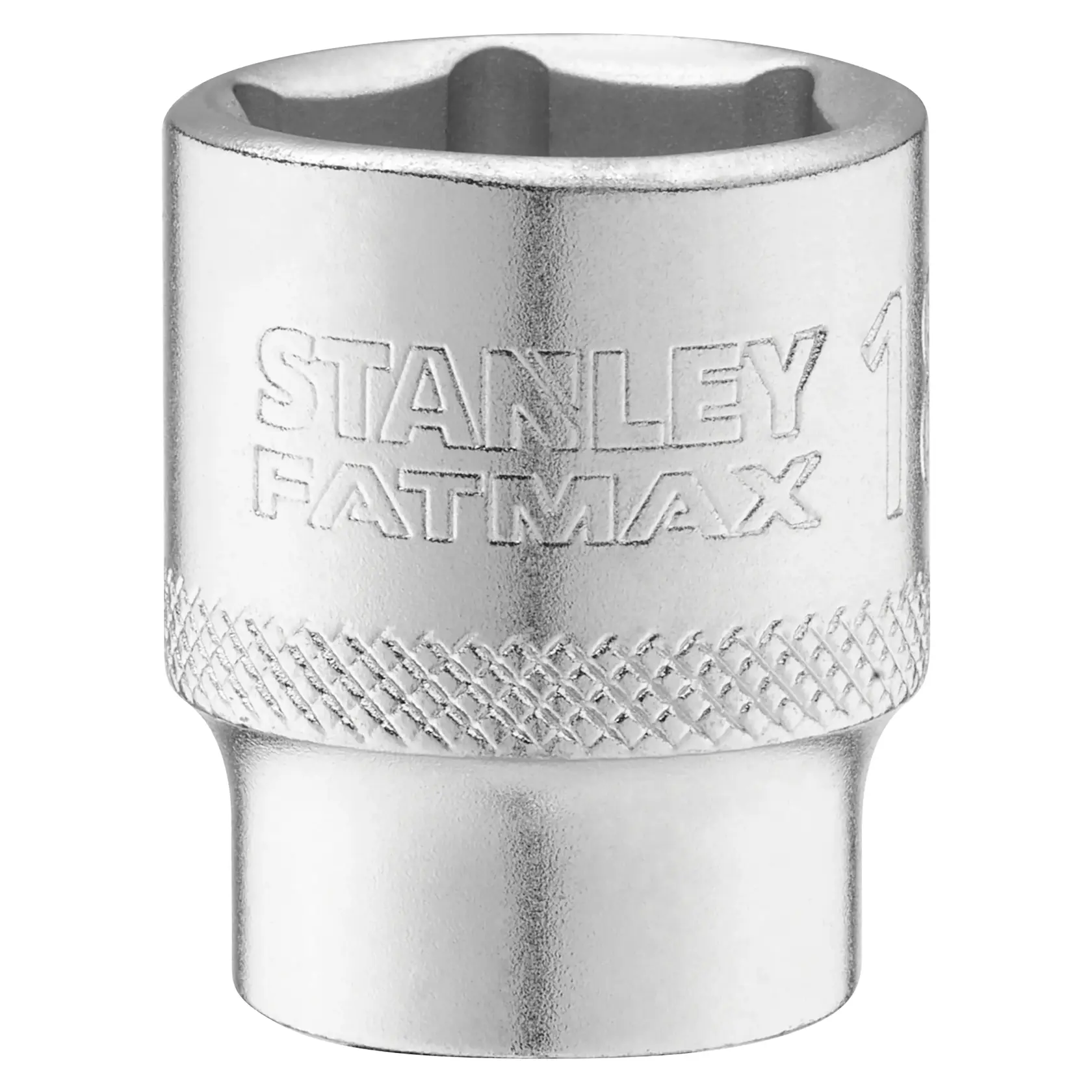 STANLEY FMMT17218-0 Chrom-Stecknuss mit gerändeltem Griff, Frontansicht, FATMAX-Serie, silbernes Handwerkzeug.
