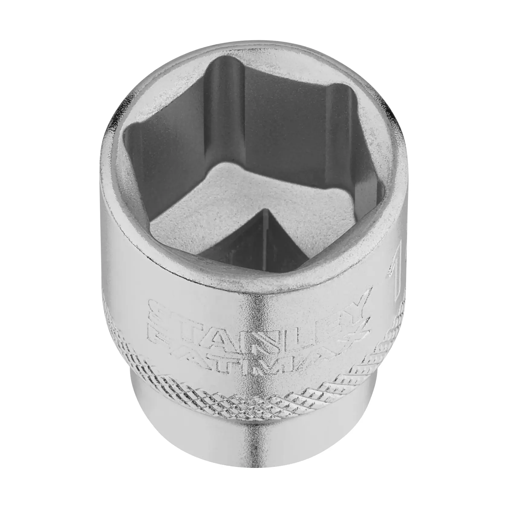 STANLEY FMMT17218-0 Chrom-Stecknuss, Nahaufnahme, mit Rändelung und eingraviertem Logo.