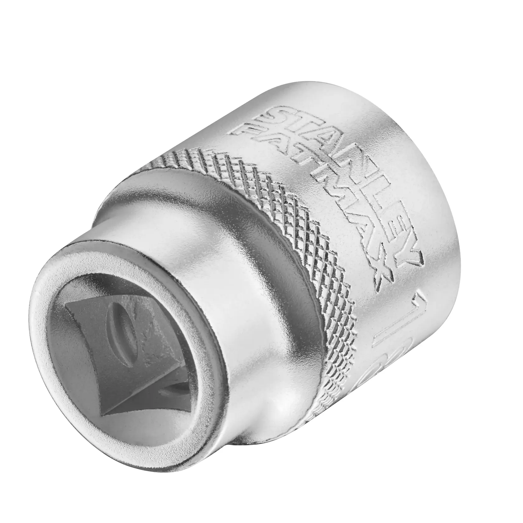 STANLEY FMMT17218-0 Steckschlüssel, Chrom-Finish, Seitenansicht, mit STANLEY FATMAX Logo und Größe graviert.