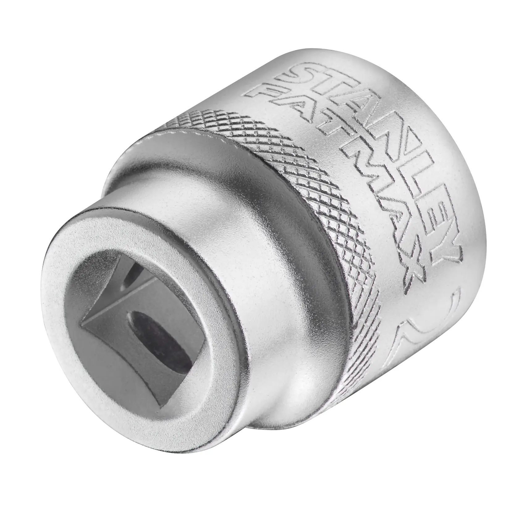 STANLEY FMMT17220-0 Stecknuss, silberfarbenes Metall, Nahaufnahme schräg auf weißem Hintergrund.